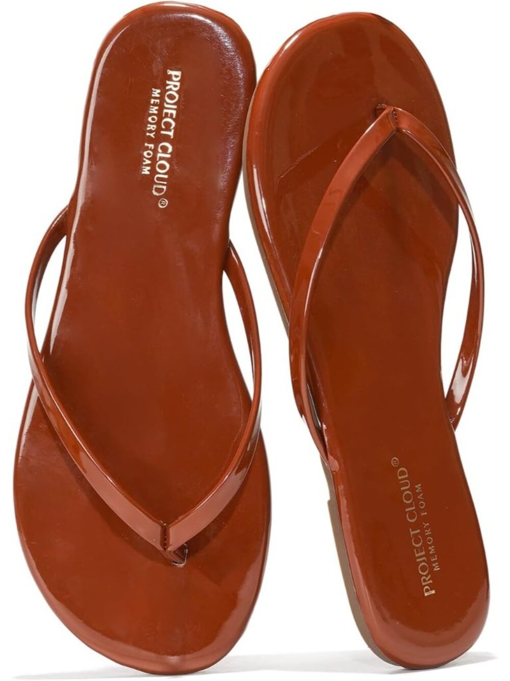 Women's Brown Patent Comfort Memory Foam Non-Slip Flip Flop Flat Sandal Shoes
